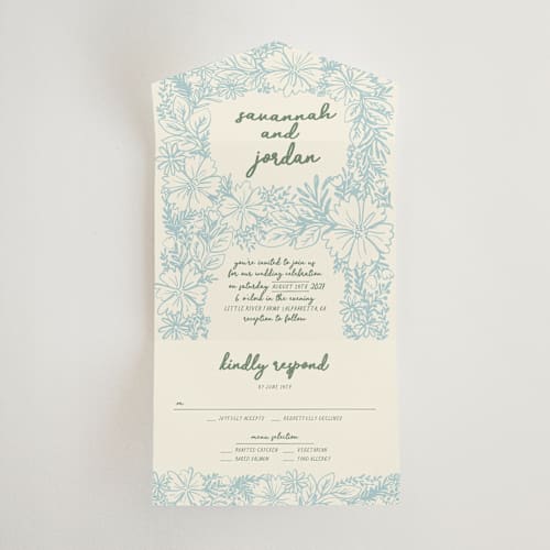 This is a waterfall all in one wedding invitations with standard by Kelly Watkins called bloom printing on strathmore in all-in-one
