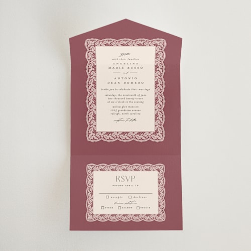 This is a mauve all in one wedding invitations with standard by Erica Krystek called chantilly printing on strathmore in all-in-one
