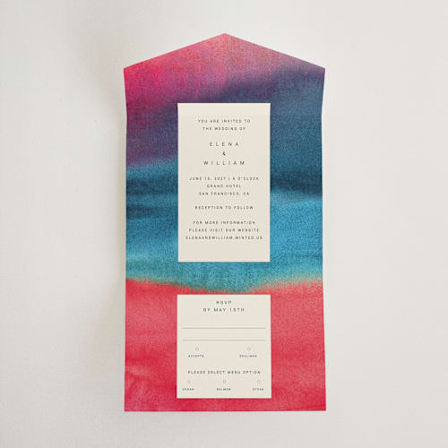 This is a sunset all in one wedding invitations with standard by Sumak Studio called at dusk printing on strathmore in all-in-one