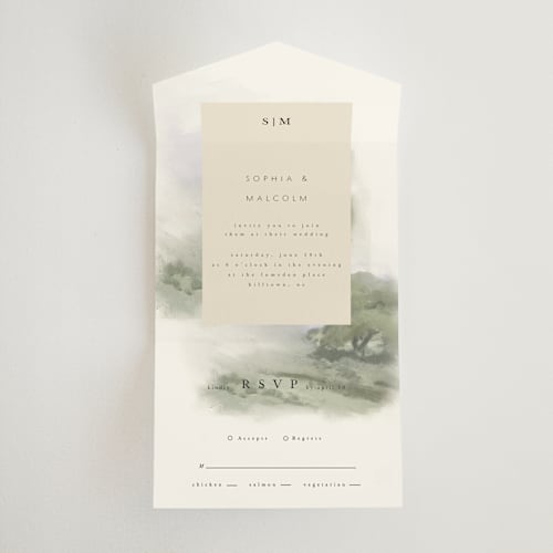 This is a moss all in one wedding invitations with standard by Hannah Williams called hillside printing on strathmore in all-in-one