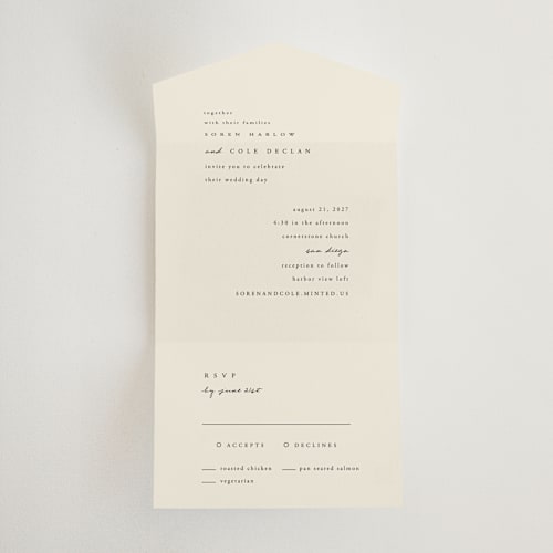 This is a linen all in one wedding invitations with standard by Brianne Larsen called simply printing on strathmore in all-in-one