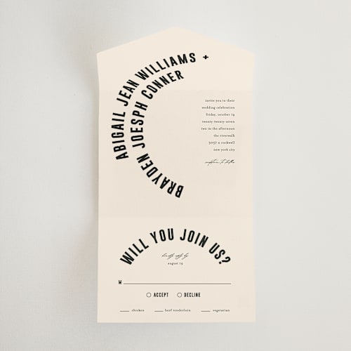 This is a cream all in one wedding invitations with standard by Pixel and Hank called spin printing on strathmore in all-in-one