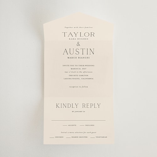 This is a linen all in one wedding invitations with standard by Vanessa Doyle called in love printing on strathmore in all-in-one