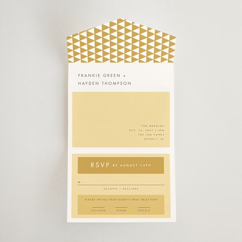 This is a buttercup all in one wedding invitations with standard by Snow and Ivy called colorfield printing on strathmore in all-in-one