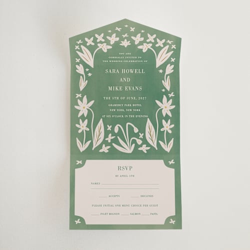 This is a emerald all in one wedding invitations with standard by Ani Somi called friendly flowers printing on strathmore in all-in-one