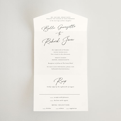 This is a onyx all in one wedding invitations with standard by Katherine Moynagh called belle romance printing on strathmore in all-in-one