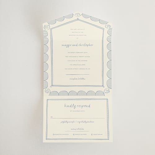 This is a sky all in one wedding invitations with standard by Kelly Watkins called florence printing on strathmore in all-in-one