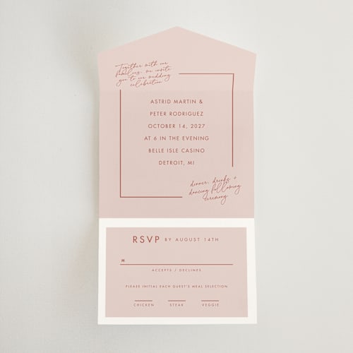 This is a peach cream all in one wedding invitations with standard by Snow and Ivy called jot printing on strathmore in all-in-one
