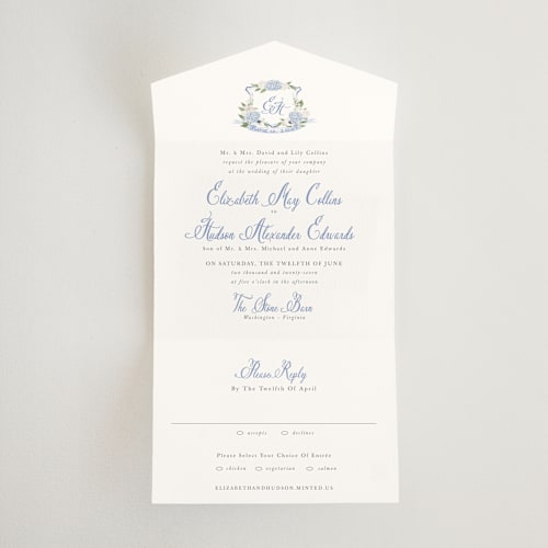 This is a periwinkle all in one wedding invitations with standard by Design Lotus called sweethearts printing on strathmore in all-in-one