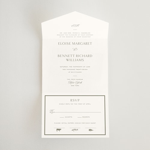This is a moss all in one wedding invitations with standard by Megan Davis called boulevard printing on strathmore in all-in-one