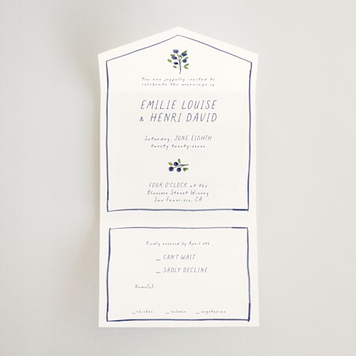 This is a cornflower all in one wedding invitations with standard by Mere Paper called blue bells printing on strathmore in all-in-one