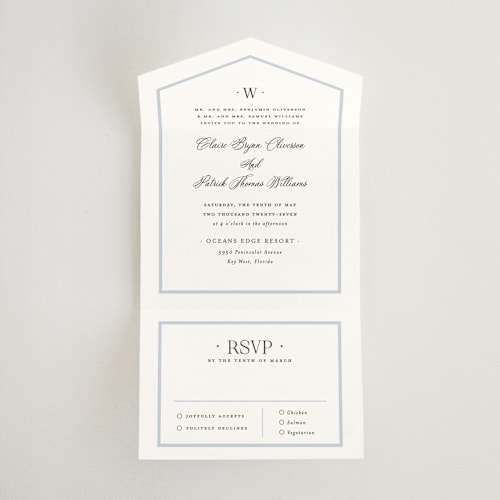 This is a hydrangea all in one wedding invitations with standard by Carolyn MacLaren called dotted classic printing on strathmore in all-in-one