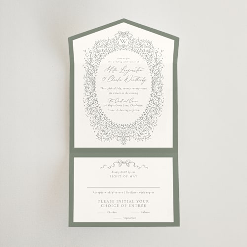 This is a forest all in one wedding invitations with standard by Jackie Crawford called ornate sketched frame printing on strathmore in all-in-one