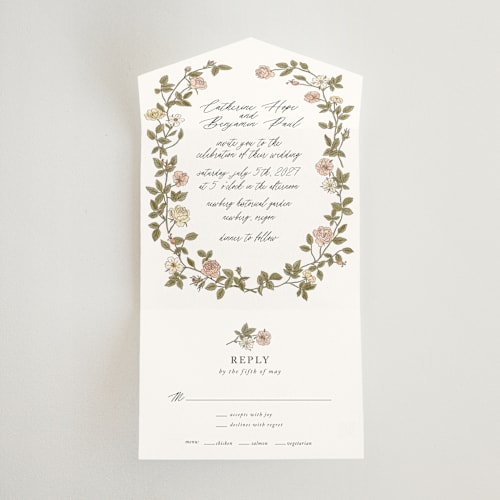 This is a snow all in one wedding invitations with standard by Tara Grangroth called vintage roses printing on strathmore in all-in-one