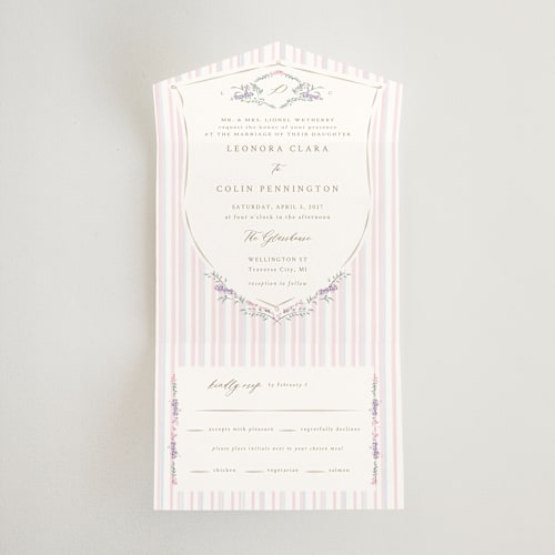 This is a peony all in one wedding invitations with standard by Corinne Malesic called vintage whimsy printing on strathmore in all-in-one