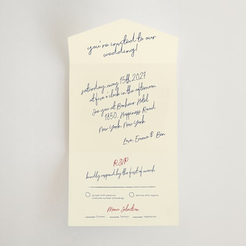 This is a blue velvet all in one wedding invitations with standard by Helena Vitto called handwritten letter printing on strathmore in all-in-one