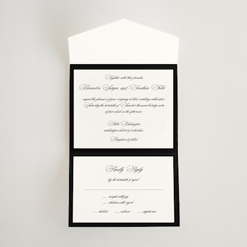 This is a ink all in one wedding invitations with standard by That Girl Press called black tie printing on strathmore in all-in-one