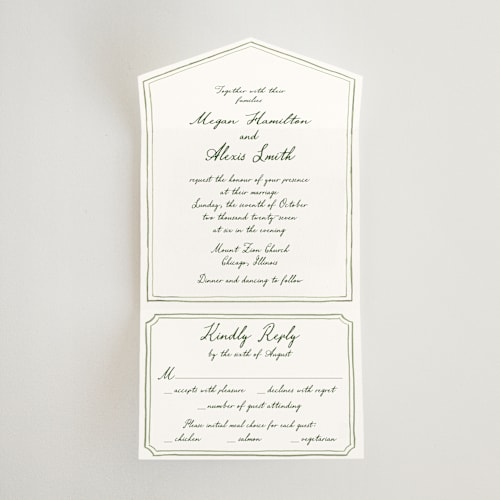 This is a moss all in one wedding invitations with standard by Cass Loh called handwritten printing on strathmore in all-in-one