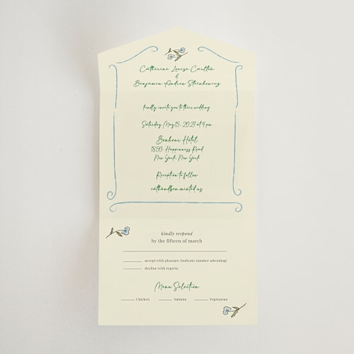 This is a waterlily all in one wedding invitations with standard by Helena Vitto called the pairfect printing on strathmore in all-in-one