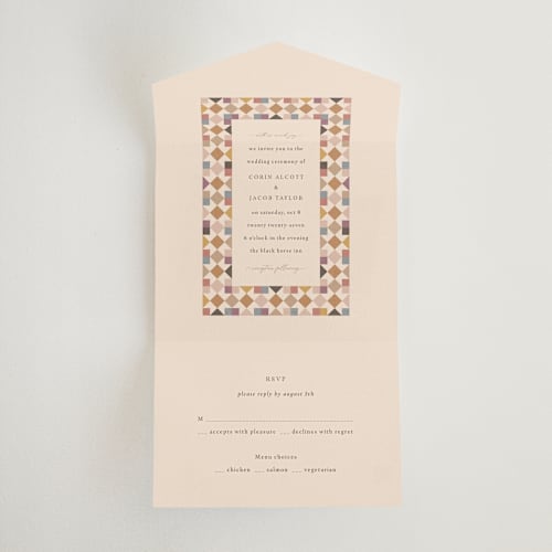 This is a autumn all in one wedding invitations with standard by Jessica Yeo called prairie patchwork quilt printing on strathmore in all-in-one