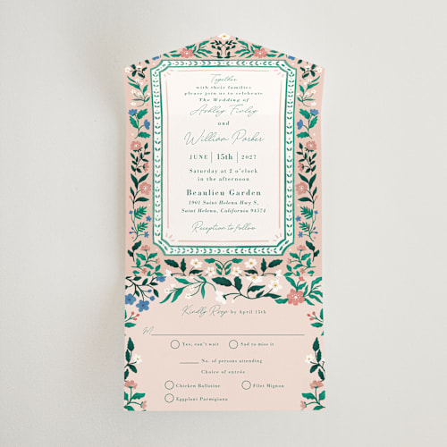 This is a petal all in one wedding invitations with standard by Elly called le jardin printing on strathmore in all-in-one