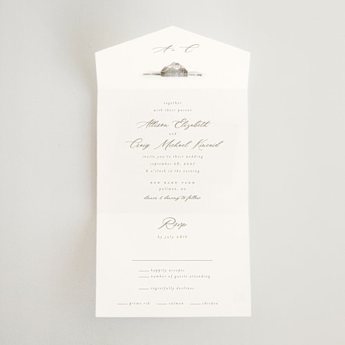 This is a fawn all in one wedding invitations with standard by AK Graphics called rustic barn printing on strathmore in all-in-one