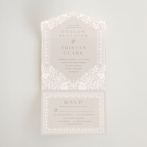 This is a cream all in one wedding invitations with standard by Kristen Smith called lace trim printing on strathmore in all-in-one