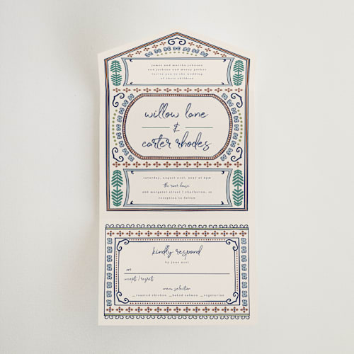 This is a neptune all in one wedding invitations with standard by Kelly Watkins called vase printing on strathmore in all-in-one