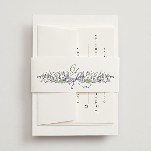 This is a violet belly bands with standard by Jenna Holcomb called forget me nots printing on signature text in belly band