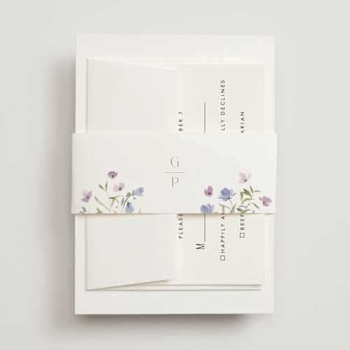 This is a wisteria belly bands with standard by Everett Paper Goods called sweeping meadow printing on signature text in belly band