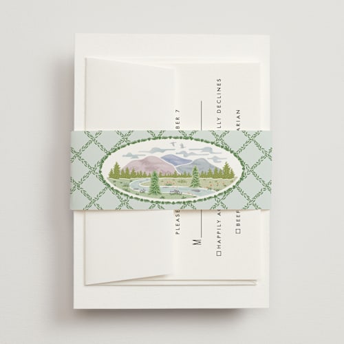 This is a pine belly bands with standard by Paper Sun Studio called river valley printing on signature text in belly band