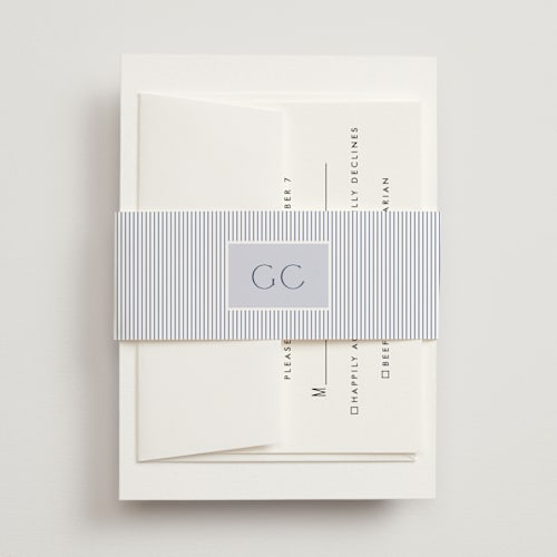 This is a periwinkle belly bands with standard by Jenna Holcomb called coastal toile printing on signature text in belly band