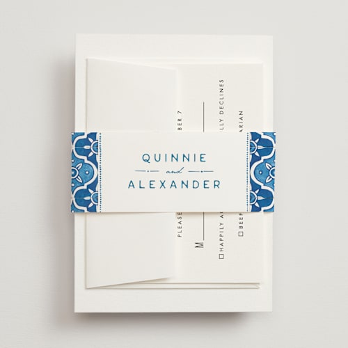 This is a navy belly bands with standard by Anastasia Makarova called watercolor tile printing on signature text in belly band