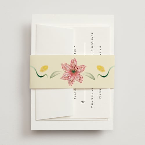 This is a blush belly bands with standard by Emily Miranda called romantic tropical wedding printing on signature text in belly band