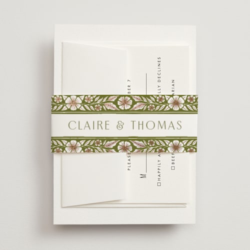 This is a avocado belly bands with foil pressed by Katharine Watson called inlay frame printing on signature text in belly band