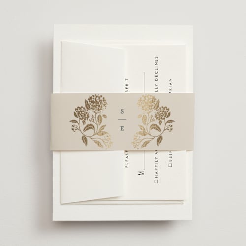 This is a tea time belly bands with foil pressed by Susan Zinader called shimmering hydrangeas printing on signature text in belly band