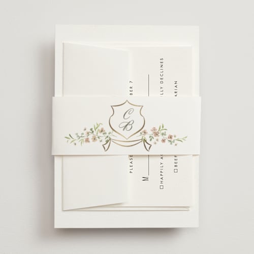 This is a blush belly bands with foil pressed by Everett Paper Goods called posy printing on signature text in belly band