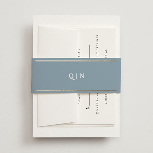 This is a dusty blue belly bands with foil pressed by Stacey Meacham called elegant bevel printing on signature text in belly band