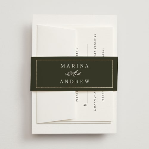 This is a deep olive belly bands with foil pressed by Nicole Walsh called refined printing on signature text in belly band