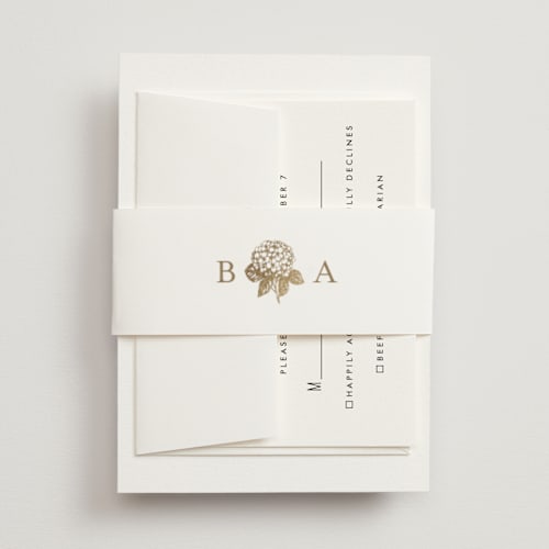 This is a cotton belly bands with foil pressed by Stacey Meacham called hydrangea bloom printing on signature text in belly band