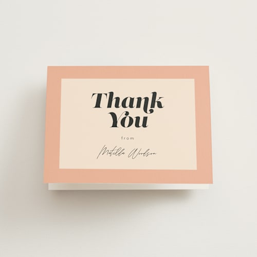 This is a peach wedding thank you cards with standard by Morgan Kendall called label printing on strathmore in standard