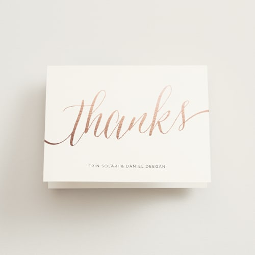 This is a dusty rose wedding thank you cards with standard by Erin Deegan called engaged in rose gold printing on strathmore in standard