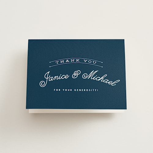 This is a navy wedding thank you cards with standard by Keen Peachy called let's toast printing on strathmore in standard