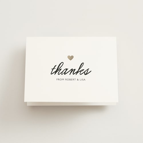 This is a gold wedding thank you cards with standard by Beth Schneider called small heart printing on strathmore in standard