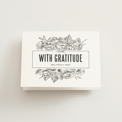 This is a blanco wedding thank you cards with standard by Rochelle Renee called sketched foliage printing on strathmore in standard