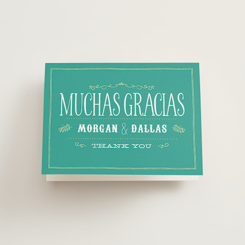 This is a teal wedding thank you cards with standard by Beth Ann called sangria, salsa, engagement fiesta printing on strathmore in standard