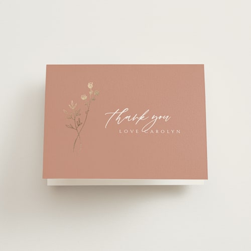 This is a terracotta wedding thank you cards with foil pressed by Kelly Schmidt called rustic elegance printing on strathmore in standard