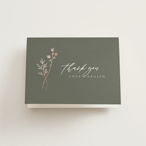 This is a olive wedding thank you cards with foil pressed by Kelly Schmidt called rustic elegance printing on strathmore in standard