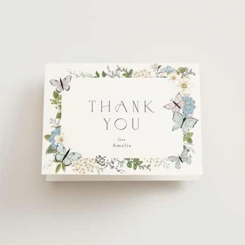 This is a periwinkle wedding thank you cards with foil pressed by Susan Moyal called garden love printing on strathmore in standard