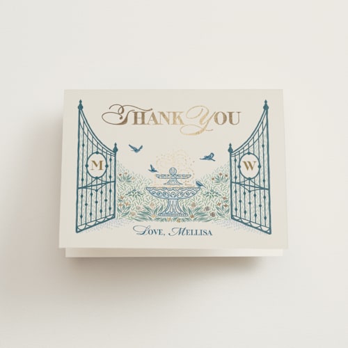 This is a garden wedding thank you cards with foil pressed by Paper Sun Studio called garden gate printing on strathmore in standard